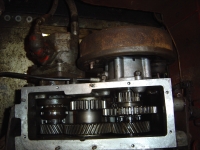  transfer box from below, hydraulic pump and gear fitted, handbrake fitted, all ready for the cover to be sealed on at the end of day two - ready for oil in the morning..